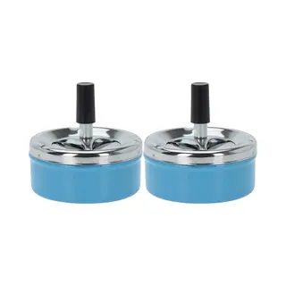 Excellent Houseware Draai Asbak - Set Van 2x Stuks - Druk Asbak - Rond Metaal - 10 Cm - Blauw - Binnen En Buiten Gebruik