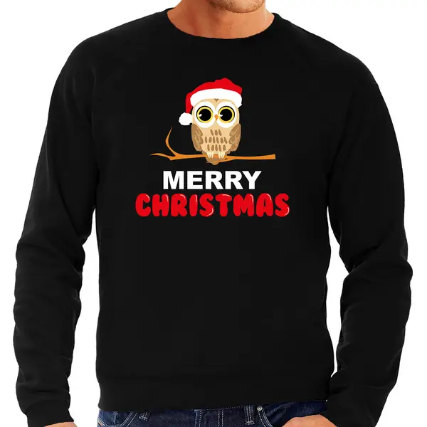 Bellatio Decorations Leuke Dieren Kersttrui - Christmas Uil - Kerst Sweater - Zwart - Voor Heren L thumbnail