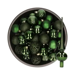 Decoris Kerstballen - 37x Stuks - 6 Cm - Donkergroen - Kunststof - Incl. Glazen Piek Glans