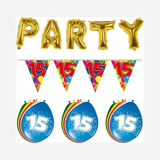Folat - Verjaardag Feestversiering 15 Jaar Party Letters En 16x Ballonnen Met 2x Plastic Vlaggetjes