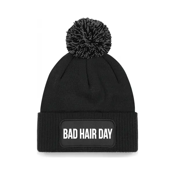 Bellatio Decorations Bad Hair Day Muts Met Pompon - Unisex - One Size - Zwart - Wintermuts thumbnail