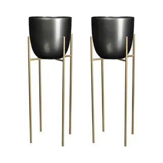 Mica Decorations Bloempot - 2 St - Antraciet - D25 X H23 Cm - Incl. Plantenpot Houder - Goud 25 Cm