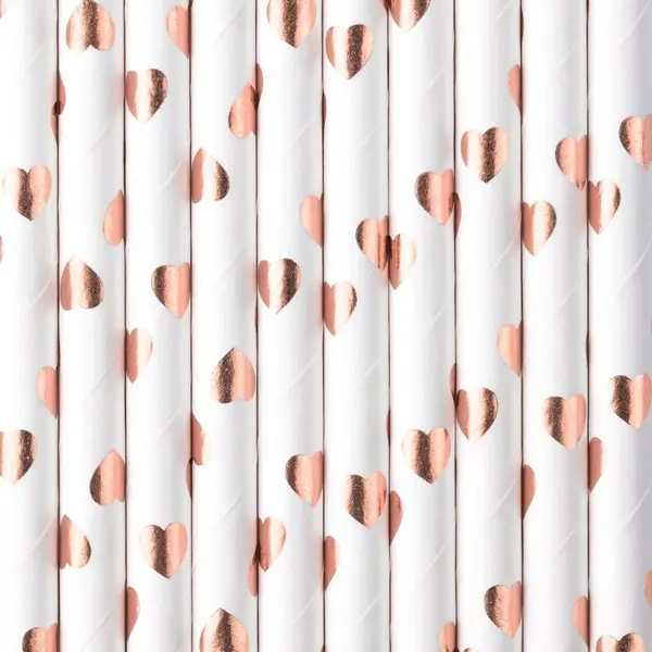 Partydeco Drinkrietjes - Papier - 30x - Wit/rose Goud Hartjes - 19, 5 Cm - Rietjes thumbnail