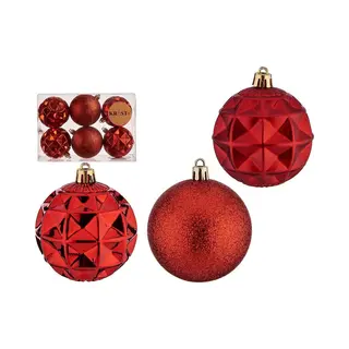 Krist+ Gedecoreerde Kerstballen - 12x Stuks - Rood - Kunststof - 7 Cm