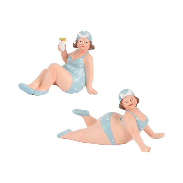 Gerkimex Woonkamer Decoratie Beeldjes Set 2 Dikke Dames - Blauw Badpak - 17 Cm thumbnail