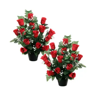 Louis Maes Kunstbloemen In Pot - 2x - Rood - H35 Cm - Bloemstuk Ornament - Rozen/gipskruid Met Bladgroen