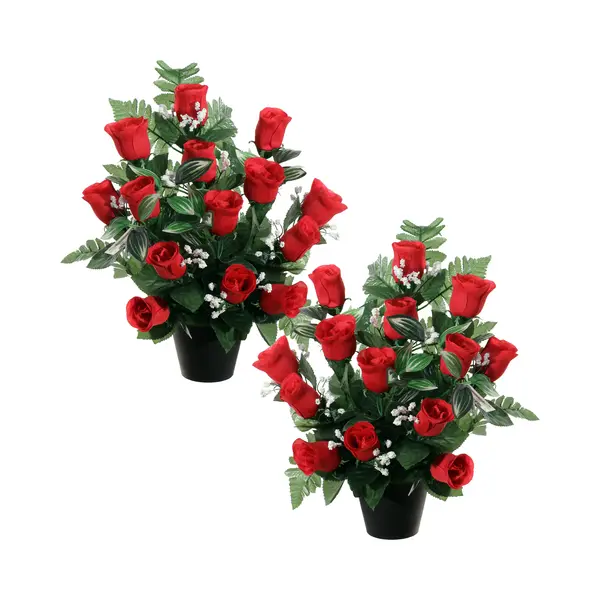 Louis Maes Kunstbloemen In Pot - 2x - Rood - H35 Cm - Bloemstuk Ornament - Rozen/gipskruid Met Bladgroen thumbnail