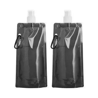 Opvouwbare Waterfles - 2x - Zwart - Kunststof - 460 Ml - Schroefdop - Karabijnhaak - Waterzak
