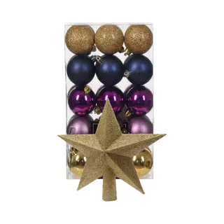 Bellatio Decorations Kerstballen 30x St - Goud/blauw/paars- 6 Cm - Met Ster Piek Goud - Kunststof