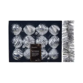 Decoris - 12x St - Gedecoreerde Kerstballen 6 Cm Incl. Folieslinger - Zilver - Kunststof
