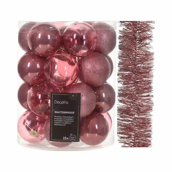 Decoris Kerstversiering Set - Oudroze - Kerstballen 6 Cm En Kerstslinger - Kunststof thumbnail