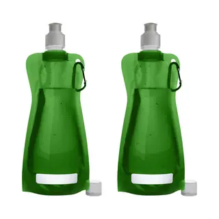 Waterfles/drinkfles/sportbidon Opvouwbaar - 2x - Groen - Kunststof - 420 Ml - Schroefdop - Karabijnhaak