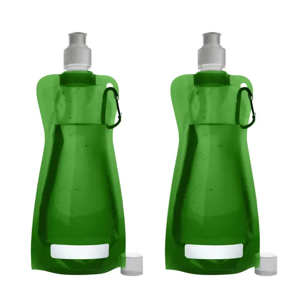 Waterfles/drinkfles/sportbidon Opvouwbaar - 2x - Groen - Kunststof - 420 Ml - Schroefdop - Karabijnhaak thumbnail