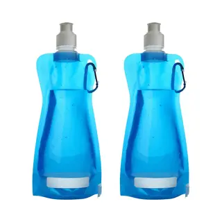 Waterfles/drinkfles/sportbidon Opvouwbaar - 2x - Lichtblauw - Kunststof - 420 Ml - Schroefdop - Karabijnhaak