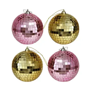 Othmar Decorations Kerstballen Disco - 4x St - Goud En Roze - 10 Cm - Kunststof - Spiegel Kerstballen