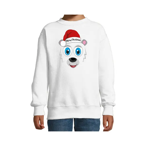 Bellatio Decorations Kersttrui/sweater Voor Kinderen - IJsbeer Gezicht - Merry Christmas - Wit 122/128 thumbnail