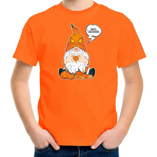 Bellatio Decorations Halloween Verkleed T-shirt Voor Kinderen - Pompoen Kabouter/gnome - Oranje 104/110 thumbnail