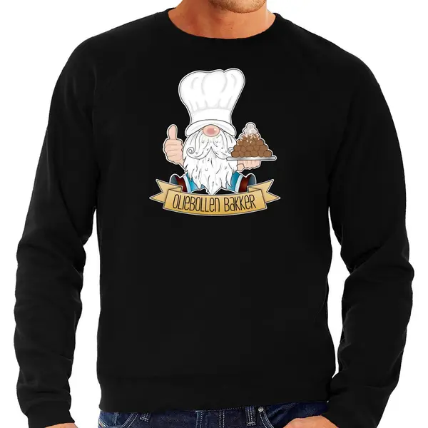 Bellatio Decorations Foute Kersttrui/sweater Heren - Oliebollen Bakker - Zwart - Kabouter/gnoom Xl thumbnail