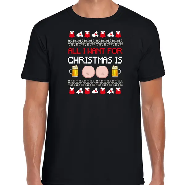 Bellatio Decorations Fout Kersttrui T-shirt Voor Heren - Bier En Tieten - Zwart - Drank/borsten L thumbnail