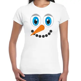 Bellatio Decorations Fout Kersttrui T-shirt Dames - Sneeuwpop Gezicht - Wit - Kerstdiner M