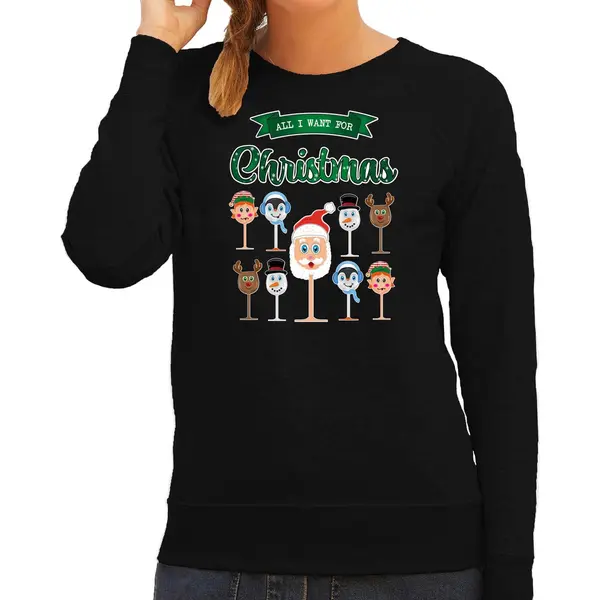 Bellatio Decorations Foute Kersttrui/sweater Dames - Kerst Wijn - Zwart - All I Want For Christmas S thumbnail