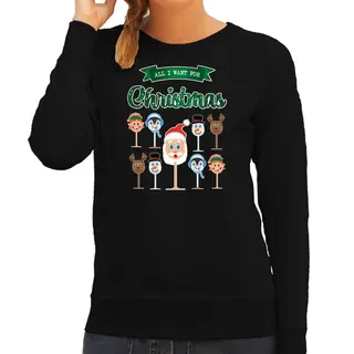 Bellatio Decorations Foute Kersttrui/sweater Dames - Kerst Wijn - Zwart - All I Want For Christmas Xl