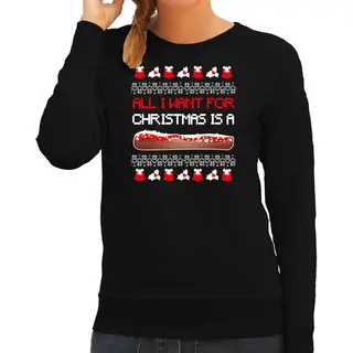 Bellatio Decorations Foute Kersttrui / Sweater - Voor Dames - Frikandel Speciaal - Zwart - Frituur Snack L