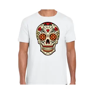 Bellatio Decorations Sugar Skull T-shirt Heren - Wit - Day Of The Dead - Punk/rock/tattoo Thema Xxl