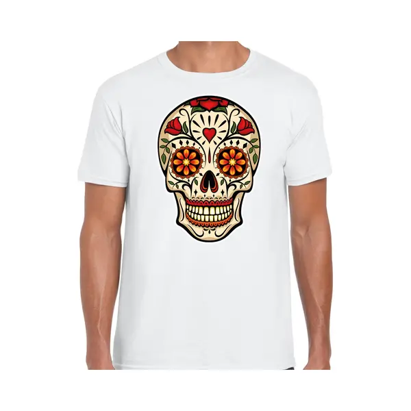 Bellatio Decorations Sugar Skull T-shirt Heren - Wit - Day Of The Dead - Punk/rock/tattoo Thema Xxl thumbnail