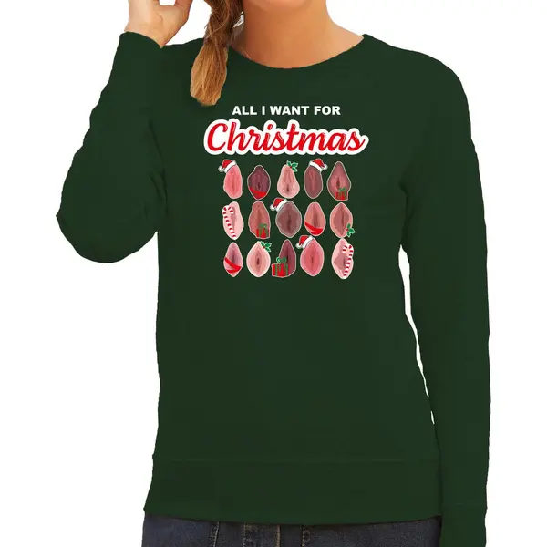 Bellatio Decorations Foute Kersttrui/sweater Voor Dames - All I Want For Christmas - Vagina - Groen S thumbnail