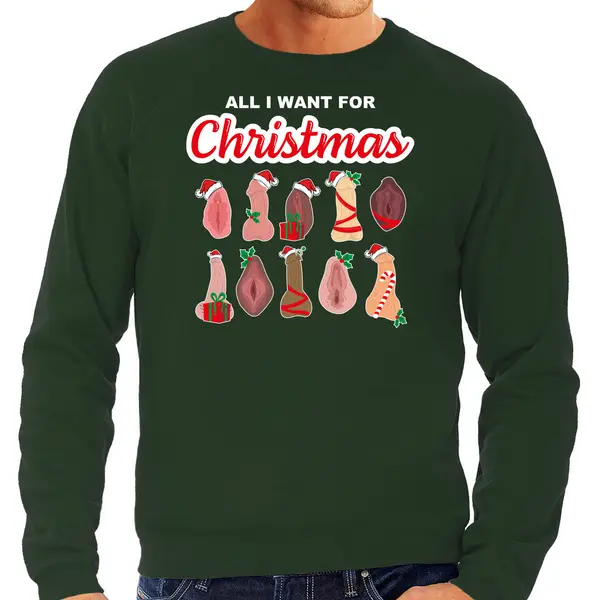 Bellatio Decorations Foute Kersttrui/sweater Heren - All I Want For Christmas - Piemel/vagina -groen L thumbnail