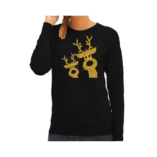 Bellatio Decorations Foute Kersttrui - Sweater - Dames - Gouden Rendieren - Zwart - Glitter Goud Print - Kerstborrel Kleding L
