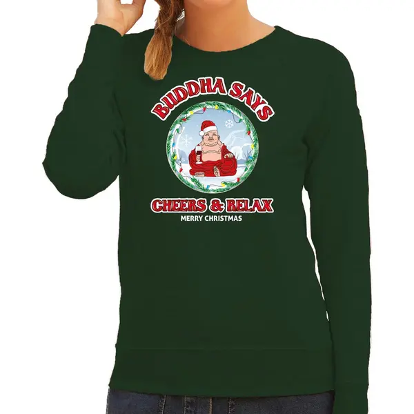 Bellatio Decorations Foute Kersttrui/sweater Voor Dames - Buddha Says Cheers & Relax - Groen - Wijn Xs thumbnail