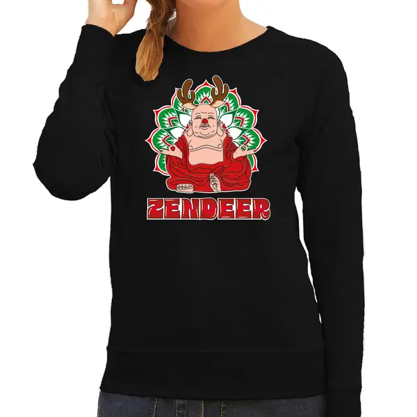 Bellatio Decorations Foute Kersttrui/sweater Voor Dames - Zendeer Buddha - Zwart - Rendier - Boeddha L thumbnail
