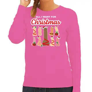 Bellatio Decorations Foute Kersttrui - Sweater - Dames - All I Want For Christmas - Piemels - Roze - Sexy Xl