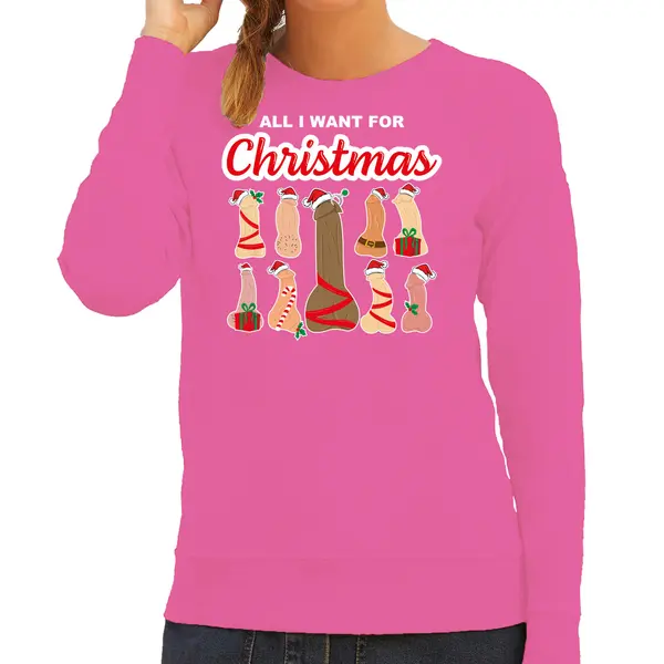Bellatio Decorations Foute Kersttrui - Sweater - Dames - All I Want For Christmas - Piemels - Roze - Sexy Xl thumbnail