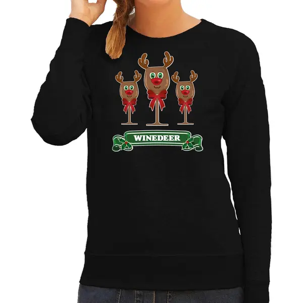 Bellatio Decorations Foute Kersttrui/sweater Dames - Winedeer - Zwart - Wijn - Rendier - Rudolf S thumbnail