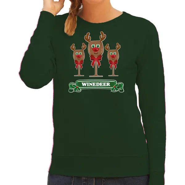 Bellatio Decorations Foute Kersttrui/sweater Dames - Winedeer - Groen - Wijn - Rendier - Rudolf Xs thumbnail