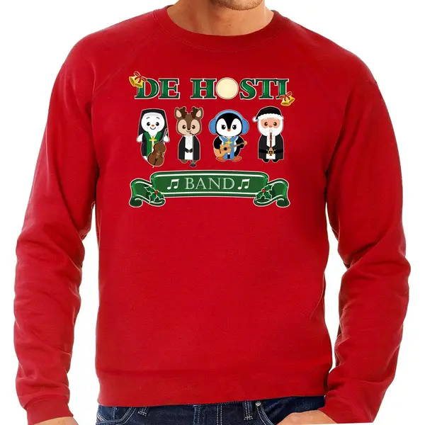 Bellatio Decorations Foute Kersttrui/sweater Heren - De Hosti Band - Rood - Kerstmuziek - Band S thumbnail