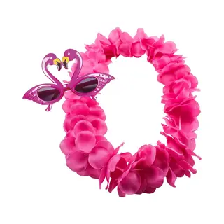 Tropische Hawaii Party Verkleed Accessoires Set - Flamingos Zonnebril - Bloemenkrans Fuchsia Roze - Voor Dames