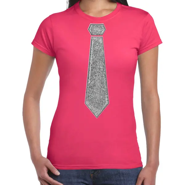 Bellatio Decorations Verkleed Shirt Dames - Stropdas Glitter Zilver - Roze - Carnaval - Foute Party M thumbnail