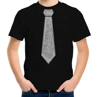Bellatio Decorations Verkleed T-shirt Voor Kinderen - Glitter Stropdas - Zwart - Jongen - Carnaval 164/176