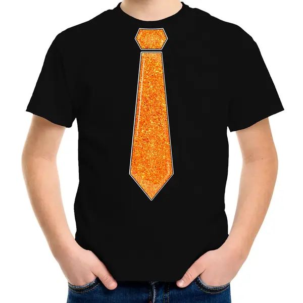 Bellatio Decorations Verkleed T-shirt Voor Kinderen - Glitter Stropdas - Zwart - Jongen - Carnaval 164/176 thumbnail