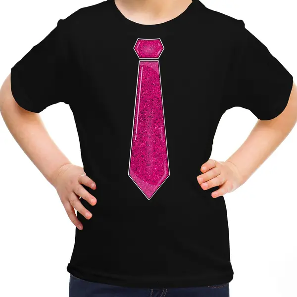 Bellatio Decorations Verkleed T-shirt Voor Kinderen - Glitter Stropdas - Zwart - Meisje - Carnaval 104/110 thumbnail