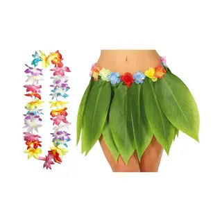 Hawaii Verkleed Hoela Rokje En Bloemenkrans Met Led - Volwassenen - Groen - Tropisch Themafeest