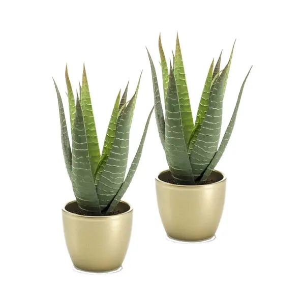 Kunstplant Aloe Vera - 2x - Groen - In Gouden Pot - 23 Cm thumbnail