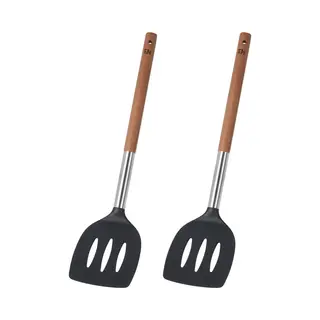 Excellent Houseware Bakspatel/bakspaan - 2x - Zwart Kunststof/acacia Hout - 34 Cm - Keukengerei