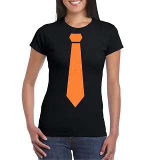 Bellatio Decorations Koningsdag Shirt Voor Dames - Stropdas - Zwart - Glitters - Feestkleding Xl