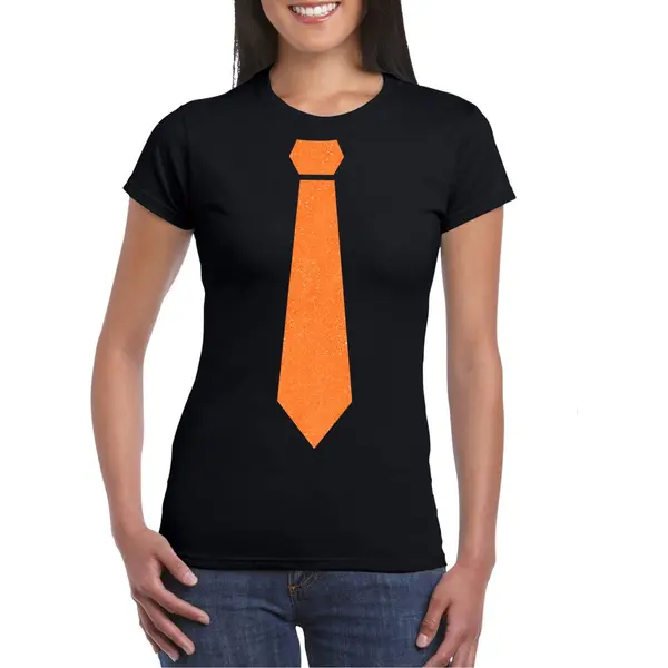 Bellatio Decorations Koningsdag Shirt Voor Dames - Stropdas - Zwart - Glitters - Feestkleding Xl thumbnail