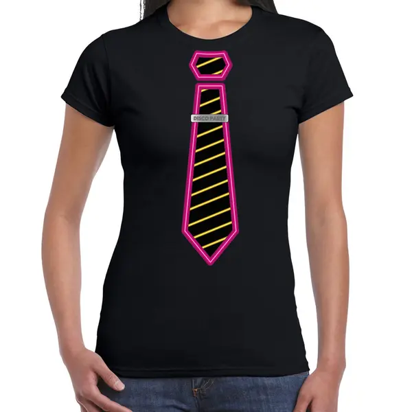 Bellatio Decorations Verkleed T-shirt Voor Dames - Disco - Zwart - Stropdas - Jaren 70/80 - Carnaval Xs thumbnail